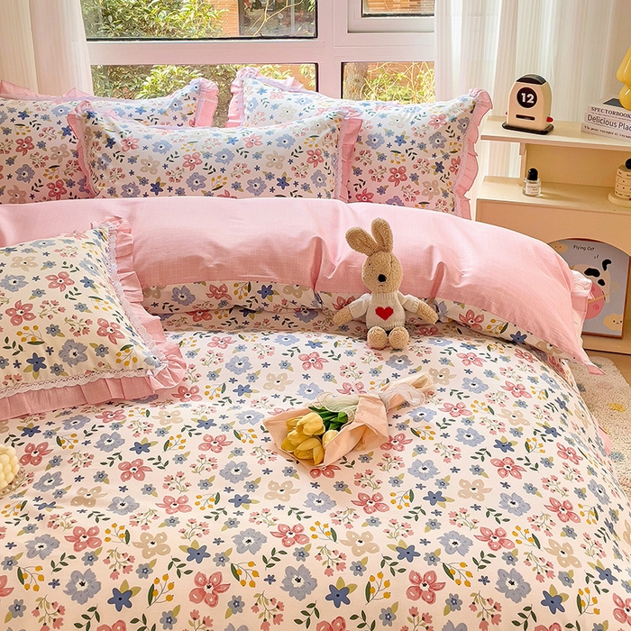 91家纺网 家纺一手货源 找家纺 棉生活家纺 2025新款全棉小清新花边款蕾丝四件套 春日田田