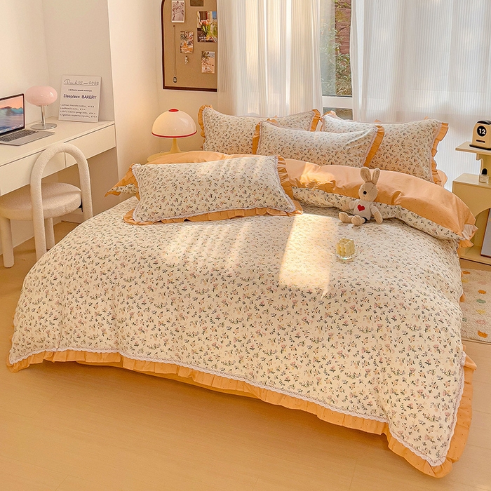 91家纺网 家纺一手货源 找家纺 棉生活家纺 2025新款全棉小清新花边款蕾丝四件套 田园生活