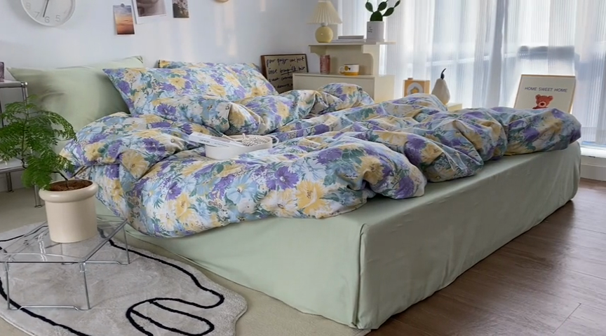 91家纺网 家纺一手货源 找家纺 尺素 2025新款ins风博主系列全棉四件套 春日幸事-浅绿