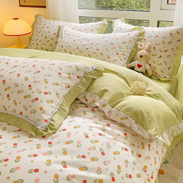 91家纺网 家纺一手货源 找家纺 棉生活家纺 2025新款全棉小清新花边款蕾丝四件套 郁金香