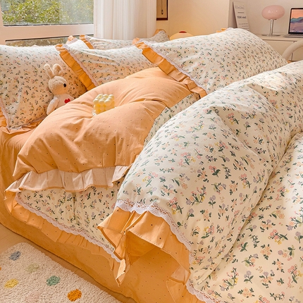 棉生活家纺 2025新款全棉小清新花边款蕾丝四件套 田园生活