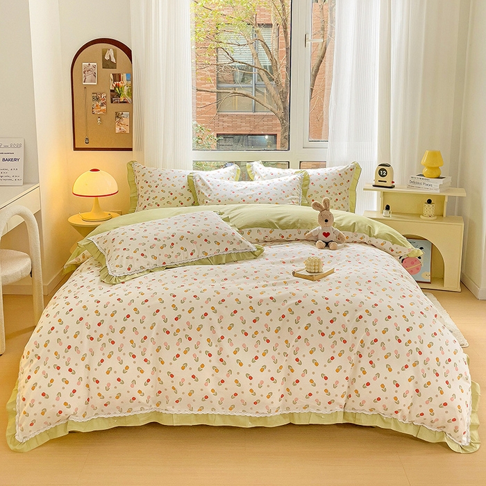 91家纺网 家纺一手货源 找家纺 棉生活家纺 2025新款全棉小清新花边款蕾丝四件套 郁金香