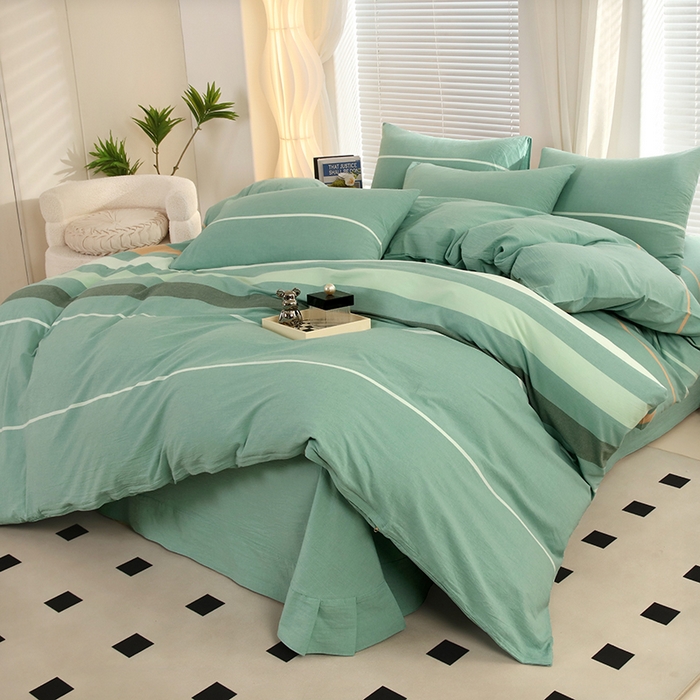 91家纺网 家纺一手货源 找家纺 金纱玉纺家纺 2024新款色织全棉水洗棉四件套绿桔白条