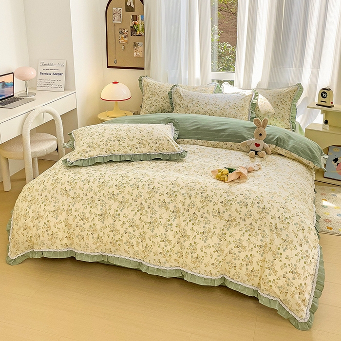 91家纺网 家纺一手货源 找家纺 棉生活家纺 2025新款全棉小清新花边款蕾丝四件套 游花间