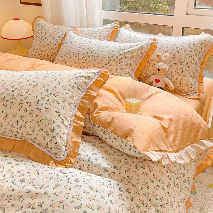 91家纺网 家纺一手货源 找家纺 棉生活家纺 2025新款全棉小清新花边款蕾丝四件套 田园生活