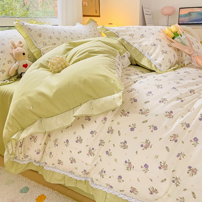 91家纺网 家纺一手货源 找家纺 棉生活家纺 2025新款全棉小清新花边款蕾丝四件套 熙悦