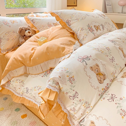 棉生活家纺 2025新款全棉小清新花边款蕾丝四件套 咕嘟小熊