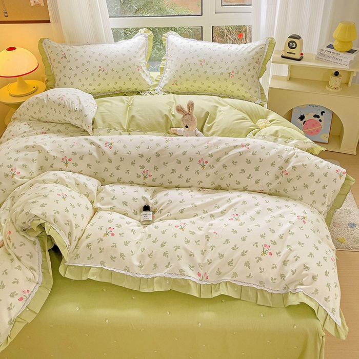 91家纺网 家纺一手货源 找家纺 棉生活家纺 2025新款全棉小清新花边款蕾丝四件套 果香