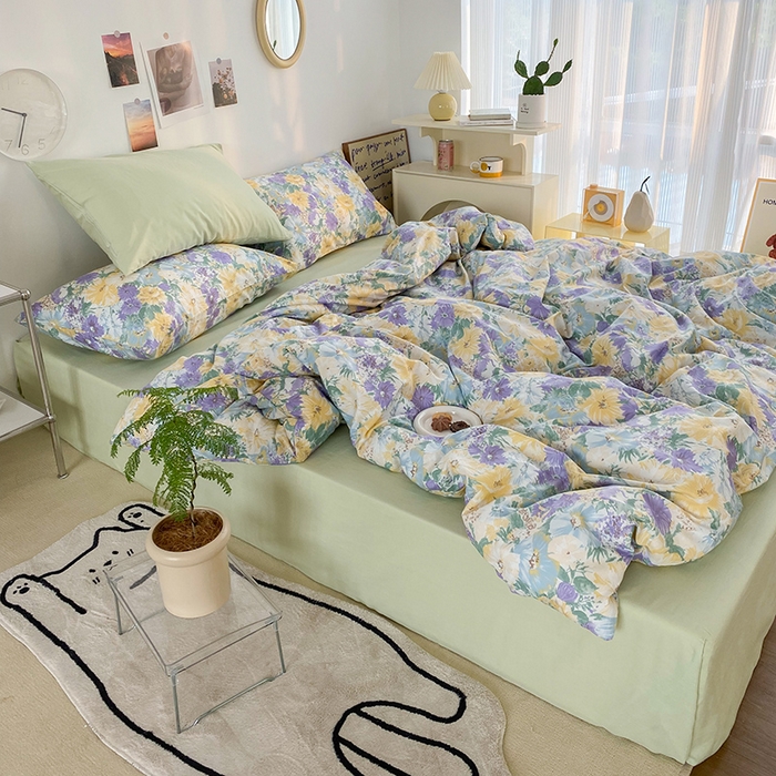 91家纺网 家纺一手货源 找家纺 尺素 2025新款ins风博主系列全棉四件套 春日幸事-浅绿