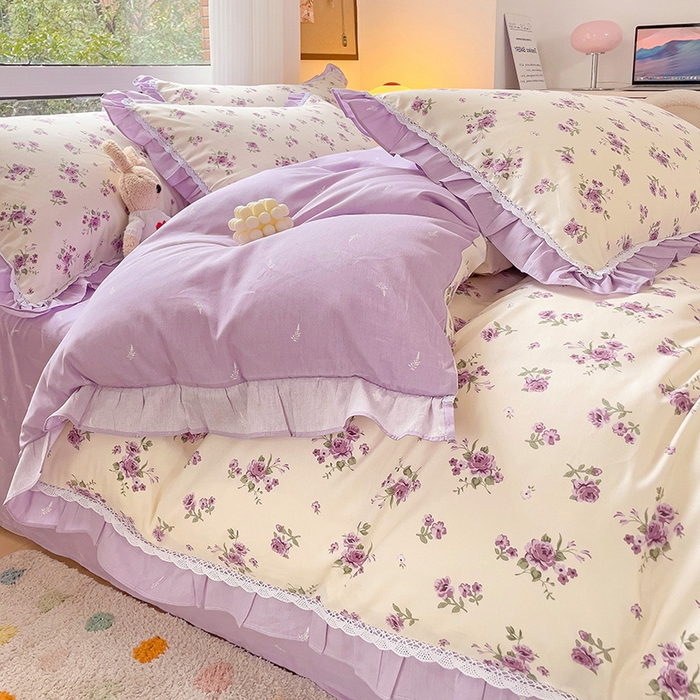 91家纺网 家纺一手货源 找家纺 棉生活家纺 2025新款全棉小清新花边款蕾丝四件套 洛潇