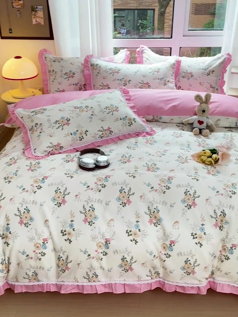 91家纺网 家纺一手货源 找家纺 棉生活家纺 2025新款全棉小清新花边款蕾丝四件套 晓芙庄园