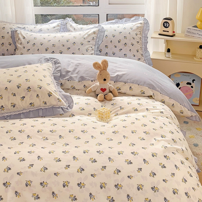 91家纺网 家纺一手货源 找家纺 棉生活家纺 2025新款全棉小清新花边款蕾丝四件套 夏日之约　蓝