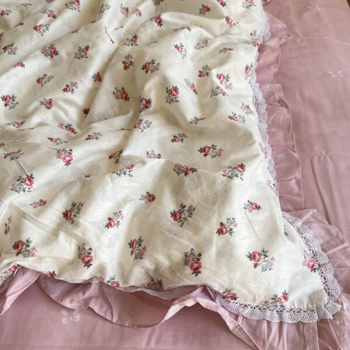 91家纺网 家纺一手货源 找家纺 棉生活家纺 2025新款全棉小清新花边款蕾丝四件套 夏日之约　粉