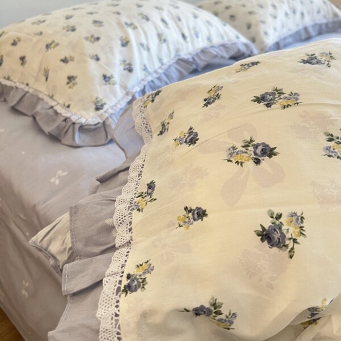 91家纺网 家纺一手货源 找家纺 棉生活家纺 2025新款全棉小清新花边款蕾丝四件套 夏日之约　蓝