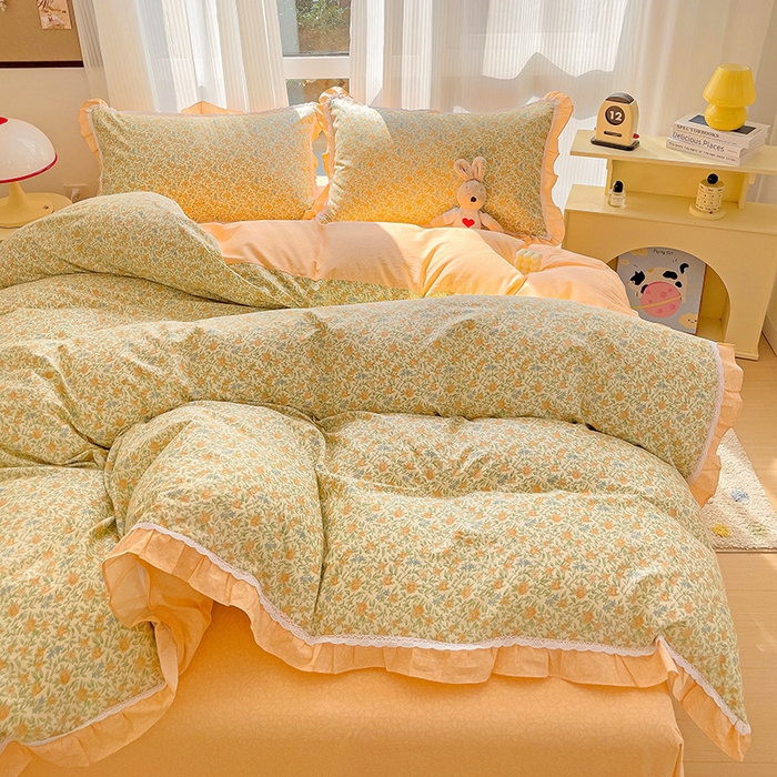 91家纺网 家纺一手货源 找家纺 棉生活家纺 2025新款全棉小清新花边款蕾丝四件套 花晓