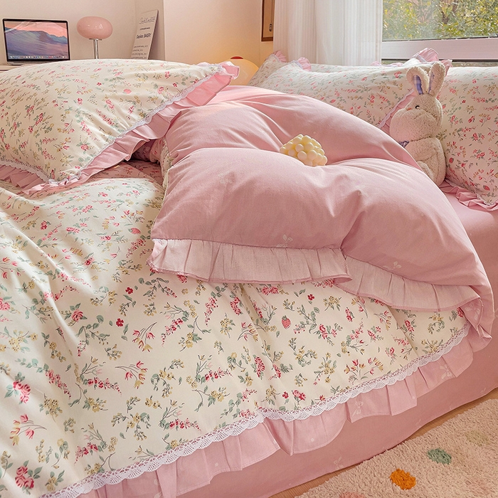 91家纺网 家纺一手货源 找家纺 棉生活家纺 2025新款全棉小清新花边款蕾丝四件套 百花园