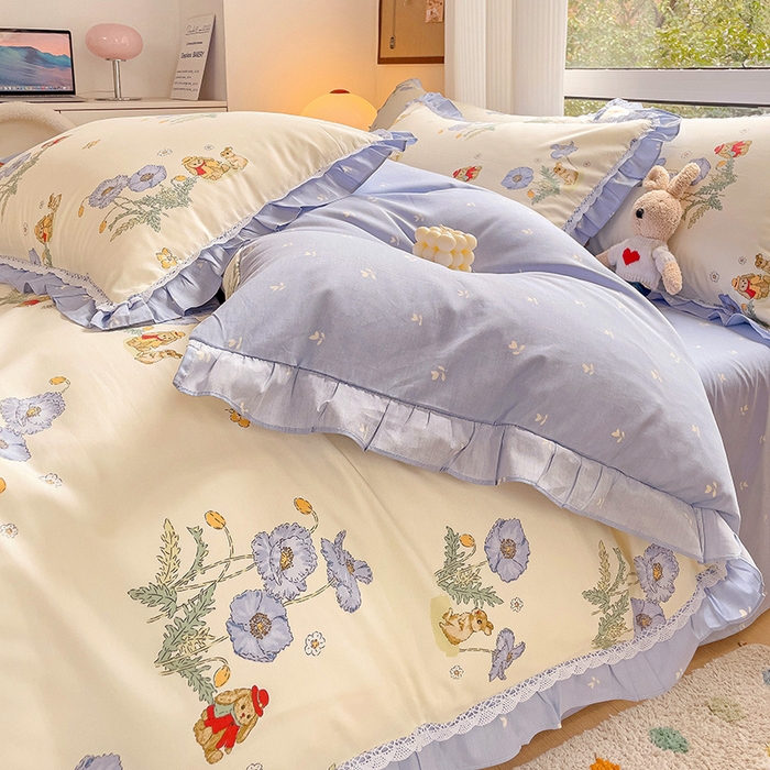 91家纺网 家纺一手货源 找家纺 棉生活家纺 2025新款全棉小清新花边款蕾丝四件套 丽丝兔