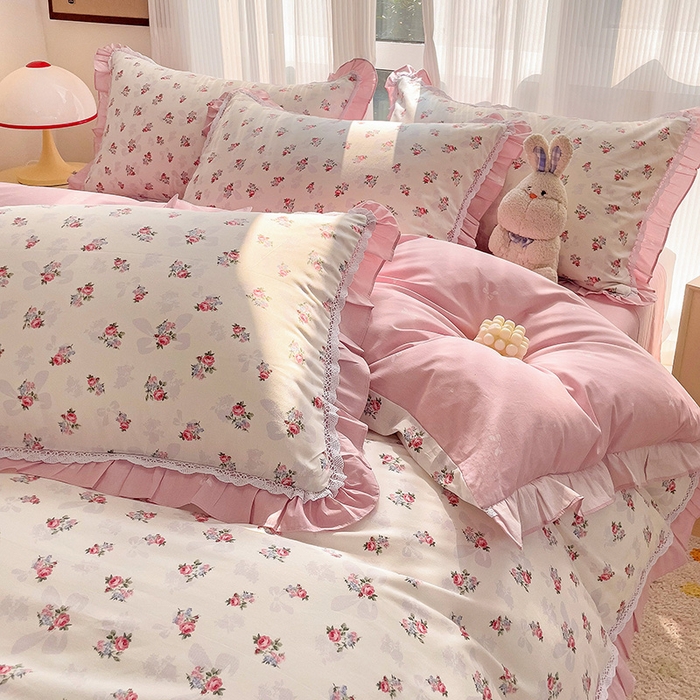 91家纺网 家纺一手货源 找家纺 棉生活家纺 2025新款全棉小清新花边款蕾丝四件套 夏日之约　粉