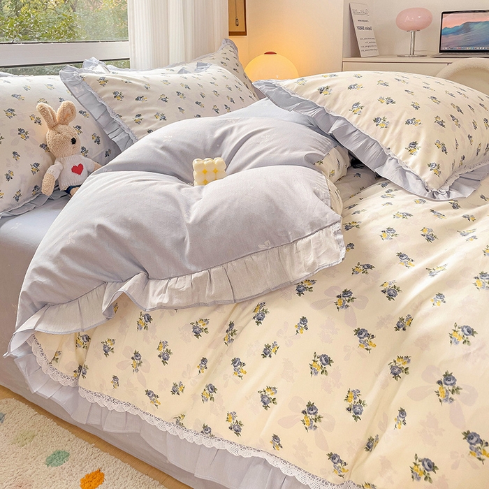 91家纺网 家纺一手货源 找家纺 棉生活家纺 2025新款全棉小清新花边款蕾丝四件套 夏日之约　蓝