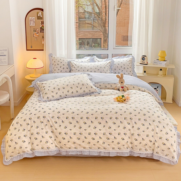 91家纺网 家纺一手货源 找家纺 棉生活家纺 2025新款全棉小清新花边款蕾丝四件套 夏日之约　蓝