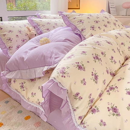 棉生活家纺 2025新款全棉小清新花边款蕾丝四件套 洛潇