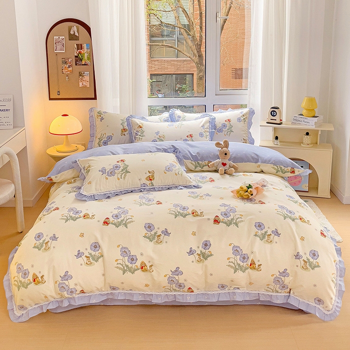 91家纺网 家纺一手货源 找家纺 棉生活家纺 2025新款全棉小清新花边款蕾丝四件套 丽丝兔