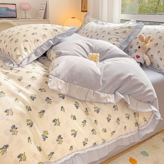 91家纺网 家纺一手货源 找家纺 棉生活家纺 2025新款全棉小清新花边款蕾丝四件套 夏日之约　蓝