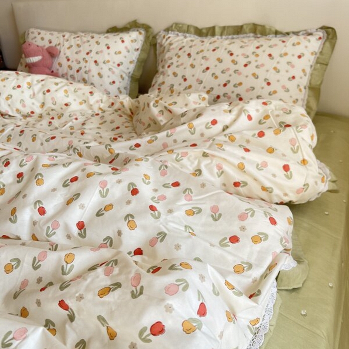 91家纺网 家纺一手货源 找家纺 棉生活家纺 2025新款全棉小清新花边款蕾丝四件套 郁金香