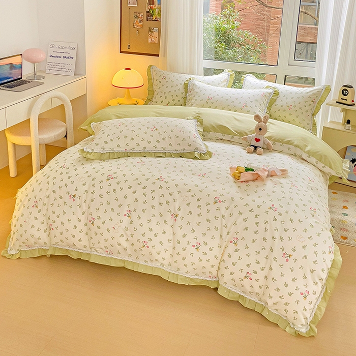 91家纺网 家纺一手货源 找家纺 棉生活家纺 2025新款全棉小清新花边款蕾丝四件套 果香