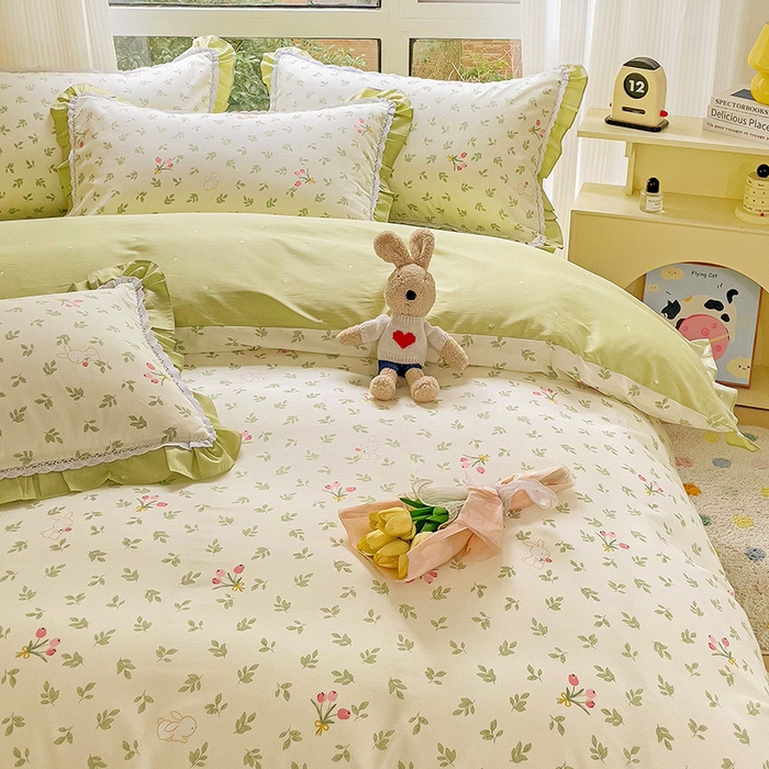 91家纺网 家纺一手货源 找家纺 棉生活家纺 2025新款全棉小清新花边款蕾丝四件套 果香