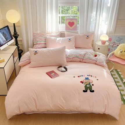 泽西家纺 2025新品全棉毛巾绣多巴胺条纹纯棉四件套三件套 小象贝格-清新粉