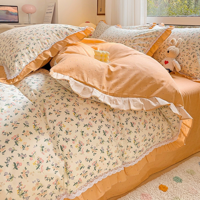 91家纺网 家纺一手货源 找家纺 棉生活家纺 2025新款全棉小清新花边款蕾丝四件套 田园生活