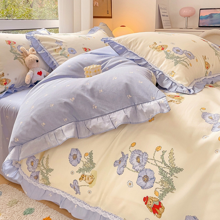 91家纺网 家纺一手货源 找家纺 棉生活家纺 2025新款全棉小清新花边款蕾丝四件套 丽丝兔