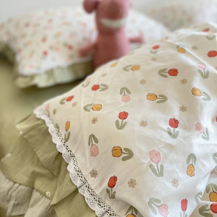 91家纺网 家纺一手货源 找家纺 棉生活家纺 2025新款全棉小清新花边款蕾丝四件套 郁金香