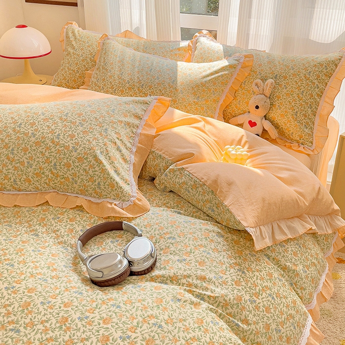 91家纺网 家纺一手货源 找家纺 棉生活家纺 2025新款全棉小清新花边款蕾丝四件套 花晓