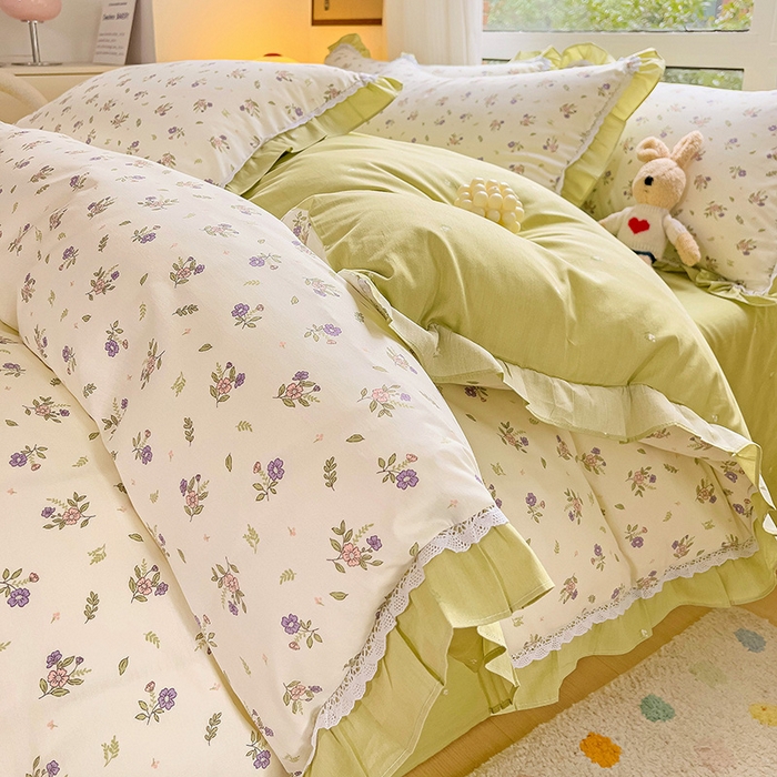 91家纺网 家纺一手货源 找家纺 棉生活家纺 2025新款全棉小清新花边款蕾丝四件套 熙悦