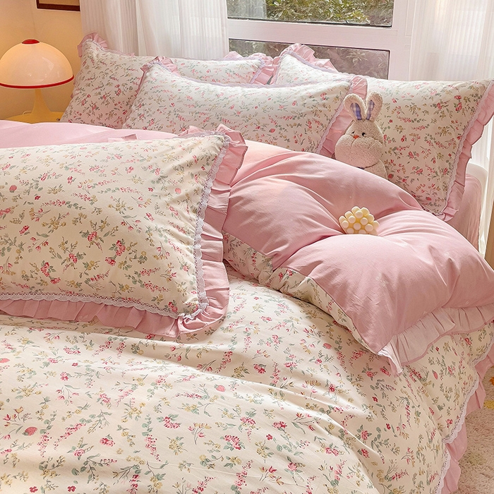 91家纺网 家纺一手货源 找家纺 棉生活家纺 2025新款全棉小清新花边款蕾丝四件套 百花园