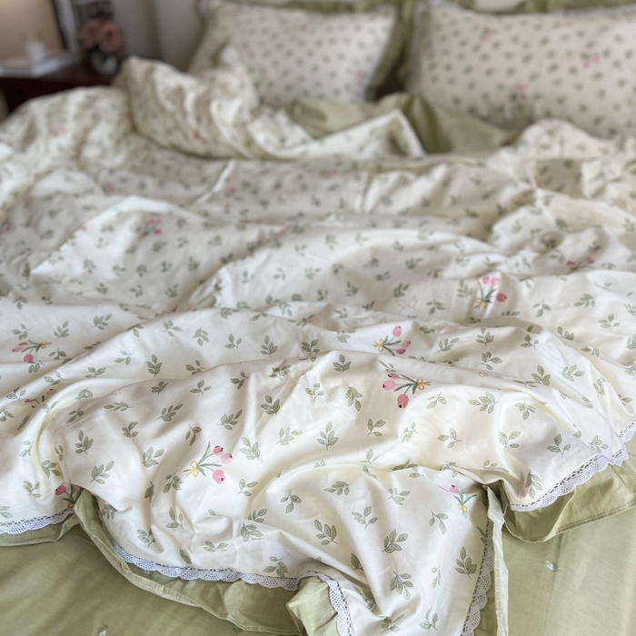 91家纺网 家纺一手货源 找家纺 棉生活家纺 2025新款全棉小清新花边款蕾丝四件套 果香