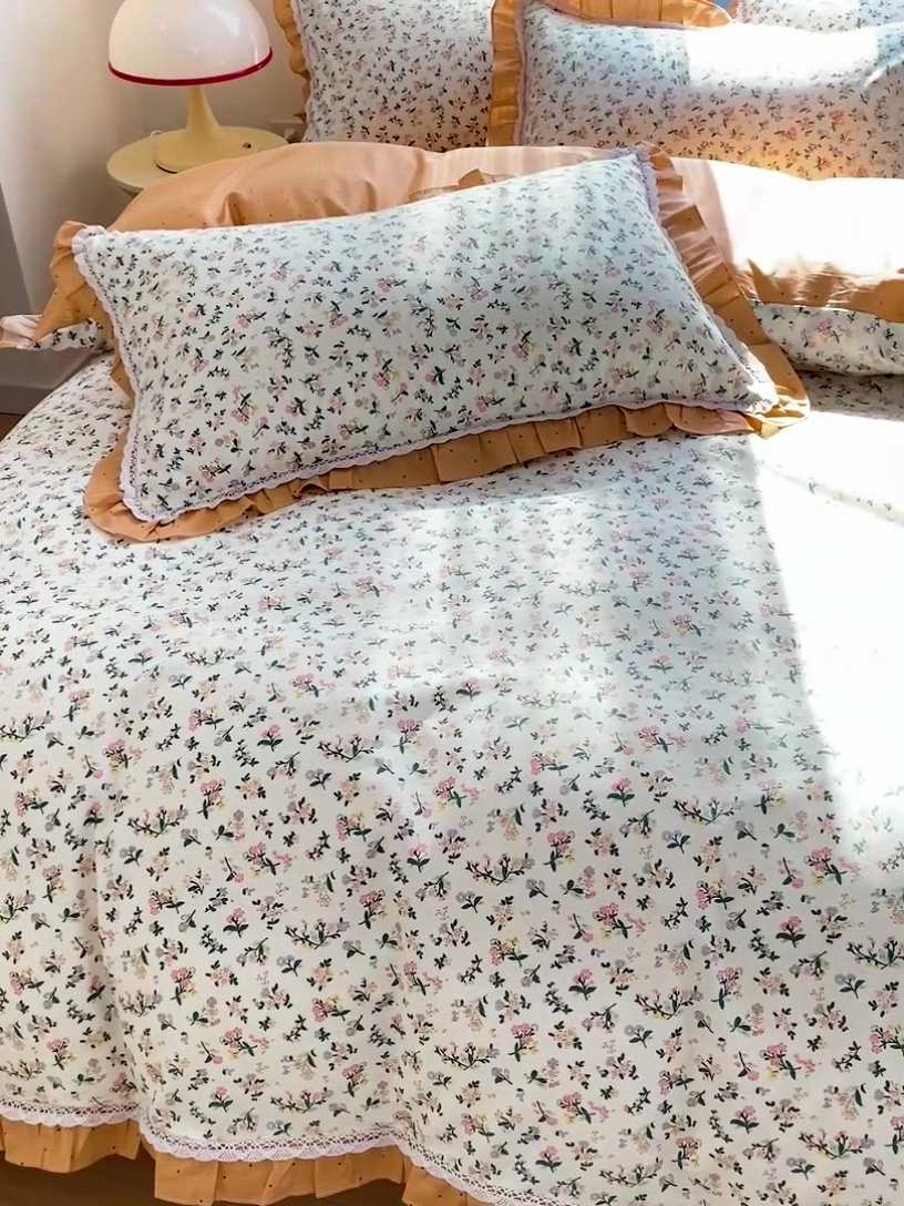 91家纺网 家纺一手货源 找家纺 棉生活家纺 2025新款全棉小清新花边款蕾丝四件套 田园生活