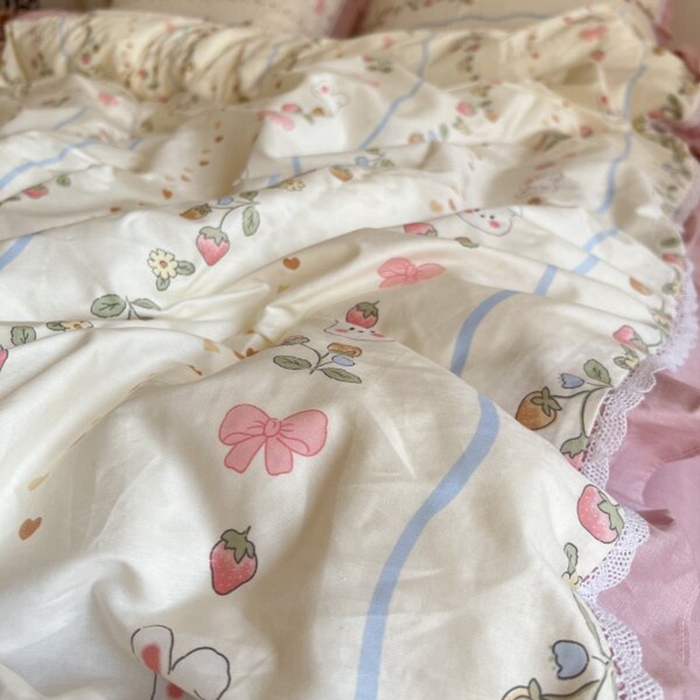 91家纺网 家纺一手货源 找家纺 棉生活家纺 2025新款全棉小清新花边款蕾丝四件套 花野兔