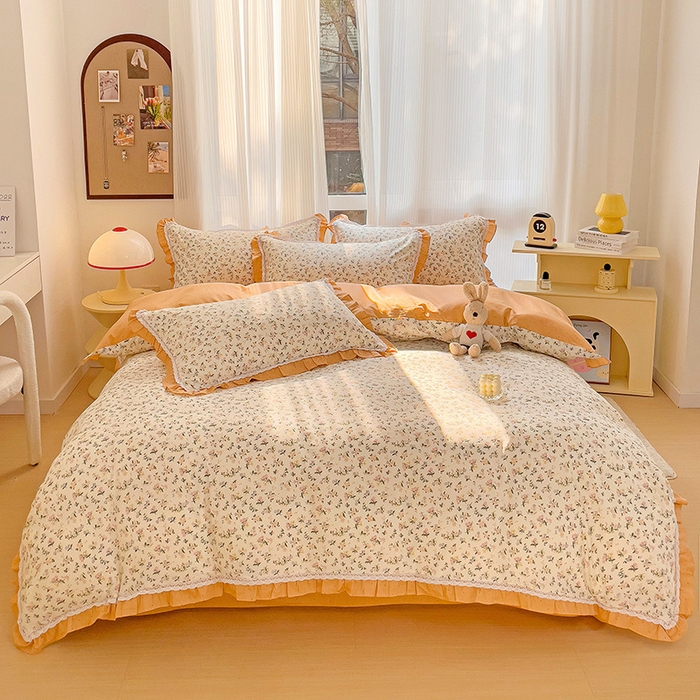 91家纺网 家纺一手货源 找家纺 棉生活家纺 2025新款全棉小清新花边款蕾丝四件套 田园生活