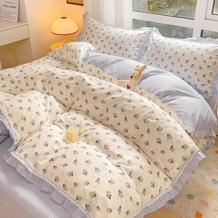 91家纺网 家纺一手货源 找家纺 棉生活家纺 2025新款全棉小清新花边款蕾丝四件套 夏日之约　蓝