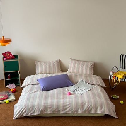 例外Home 2025新款全棉色织水洗棉四件套-条纹控 条纹控-紫玫粉