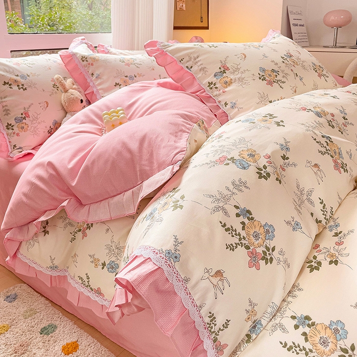 91家纺网 家纺一手货源 找家纺 棉生活家纺 2025新款全棉小清新花边款蕾丝四件套 晓芙庄园