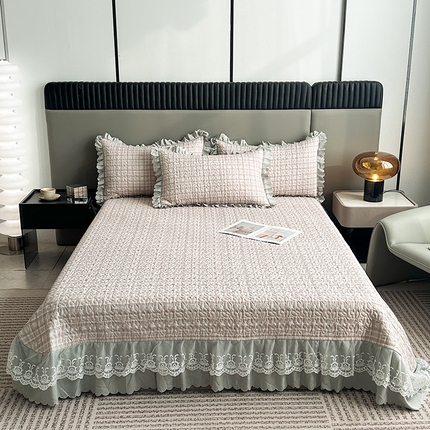 91家纺网 家纺一手货源 找家纺 乐嘉盈 2024新款水洗棉麻格子床盖三件套浅灰格子