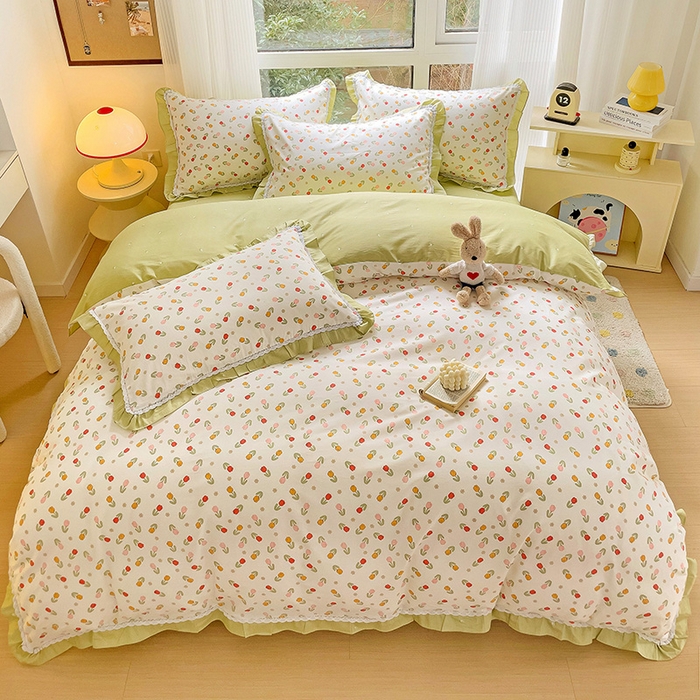 91家纺网 家纺一手货源 找家纺 棉生活家纺 2025新款全棉小清新花边款蕾丝四件套 郁金香