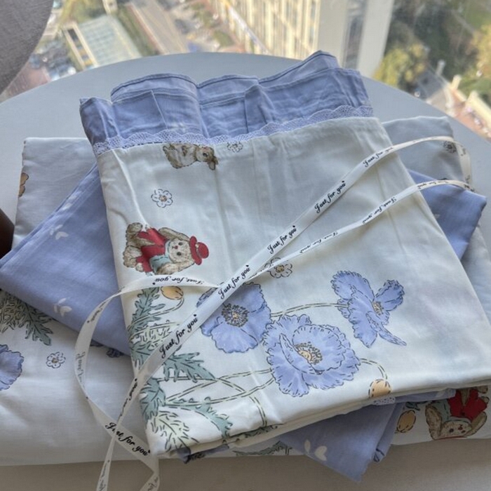 91家纺网 家纺一手货源 找家纺 棉生活家纺 2025新款全棉小清新花边款蕾丝四件套 丽丝兔