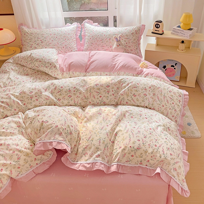 91家纺网 家纺一手货源 找家纺 棉生活家纺 2025新款全棉小清新花边款蕾丝四件套 百花园