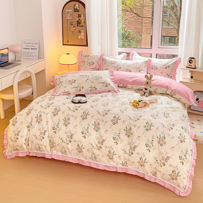 91家纺网 家纺一手货源 找家纺 棉生活家纺 2025新款全棉小清新花边款蕾丝四件套 晓芙庄园