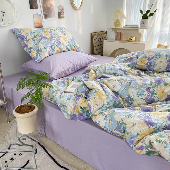 91家纺网 家纺一手货源 找家纺 尺素 2025新款ins风博主系列全棉四件套 春日幸事-浅紫